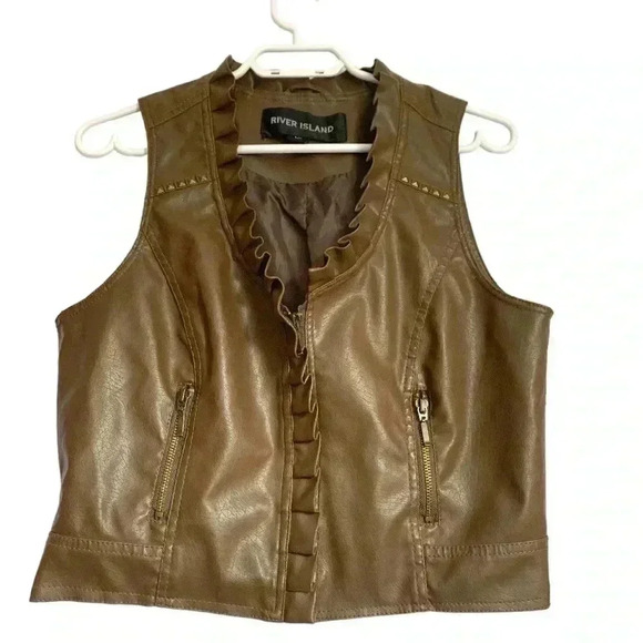 River  Island brown lined vegan leather vest with front zipper and ruffles - Picture 1 of 9
